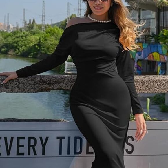 Women's Sexy Black Elegant Long Sleeve Off Shoulder Bodycon Formal Dress Sz L - Picture 6 of 8